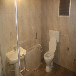 Bathroom with shower enclosure and toilet.
