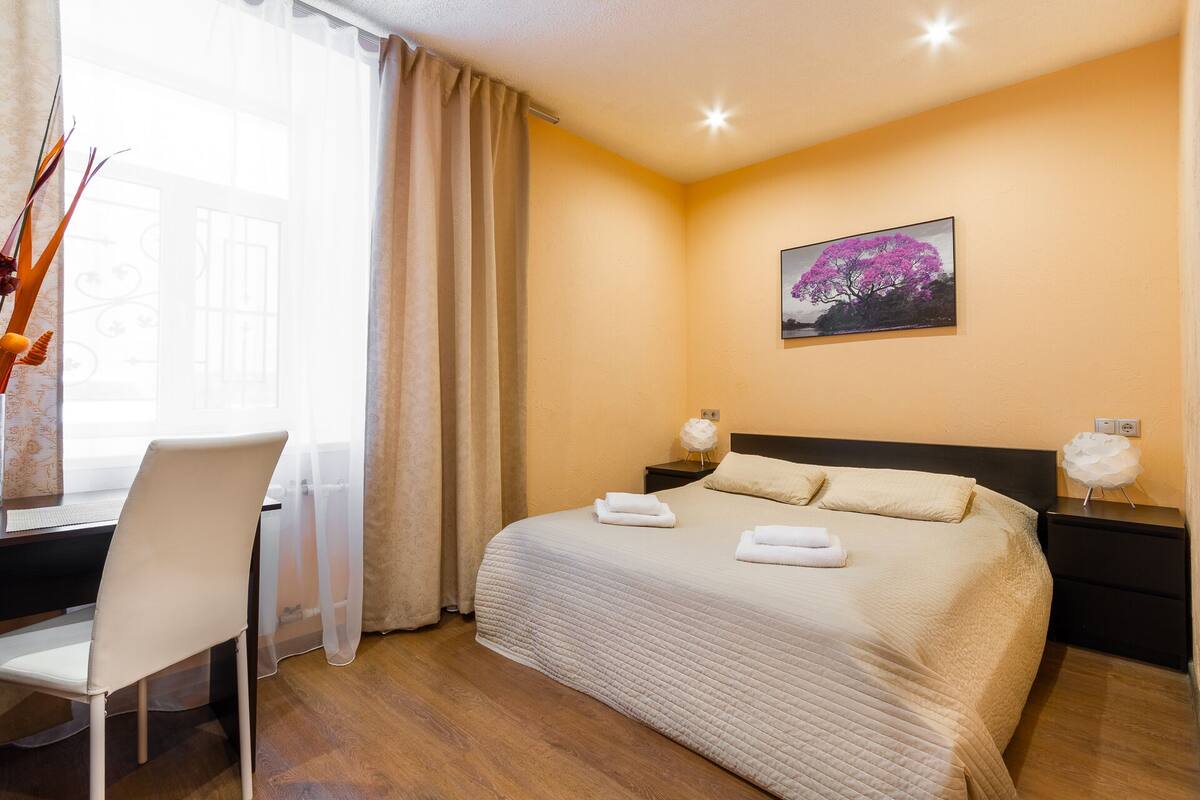 1 bedroom, desk, laptop workspace, blackout curtains