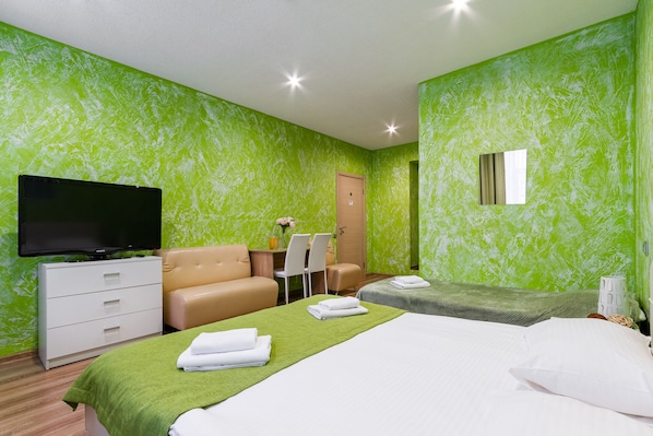 1 bedroom, desk, laptop workspace, blackout curtains