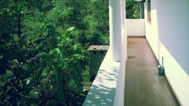 A covered outdoor area with a tiled floor, surrounded by lush greenery. - The European Gate (Anuradhapura)