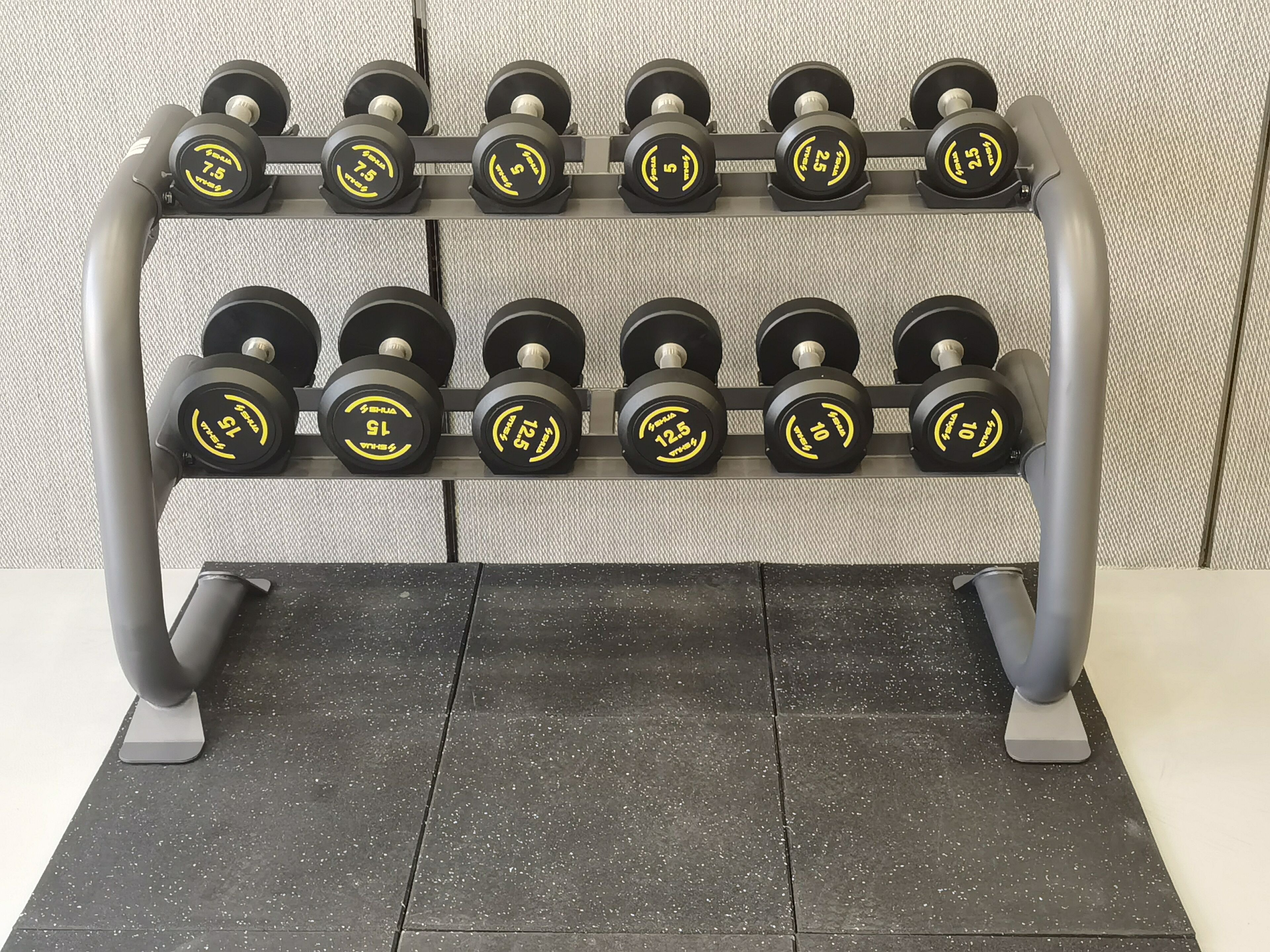 A weight rack with multiple dumbbells of various weights.