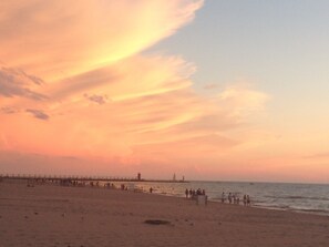 On the beach, sun loungers