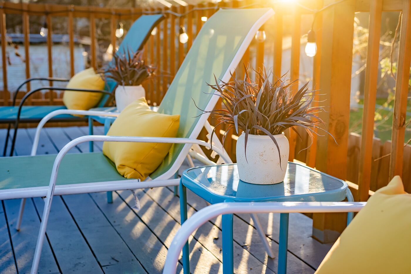 Una terraza con sillones de descanso y plantas en macetas.