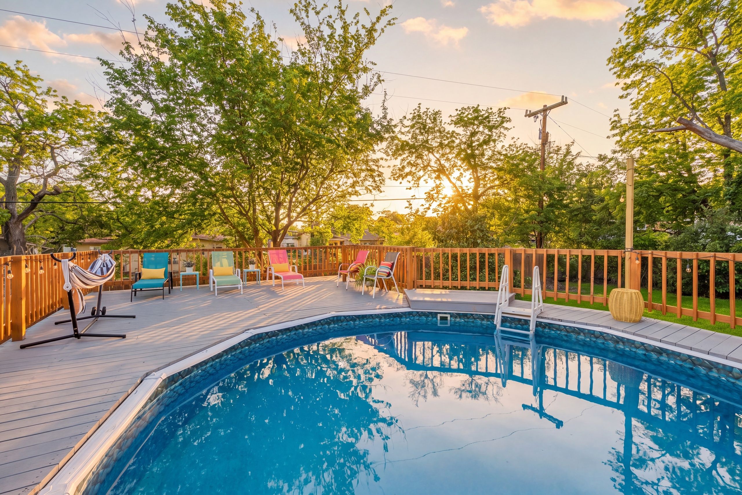 A swimming pool with a wooden deck, surrounded by trees and a wooden fence.