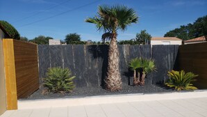 Un jardin avec une piscine, un palmier et une clôture en bois.