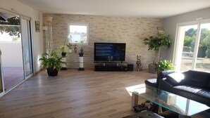 Un salon moderne avec un téléviseur à écran plat, un canapé en cuir, une table basse en verre et des plantes en pot.