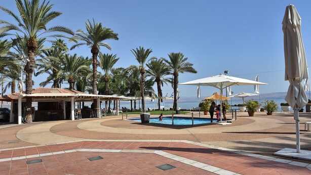 A pool area with palm trees, umbrellas, and a view of the sea. - The Kings Towers (Tiberias)