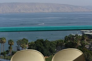 A view of a coastal area with a body of water, palm trees, and a distant mountain range.
