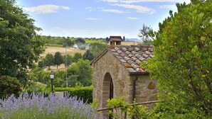 A stone building with a tiled roof, surrounded by lush greenery and flowering plants. - Zampugna (Trequanda)