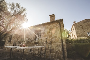 A stone building with a chimney, a table with a basket of fruits, and a chair.