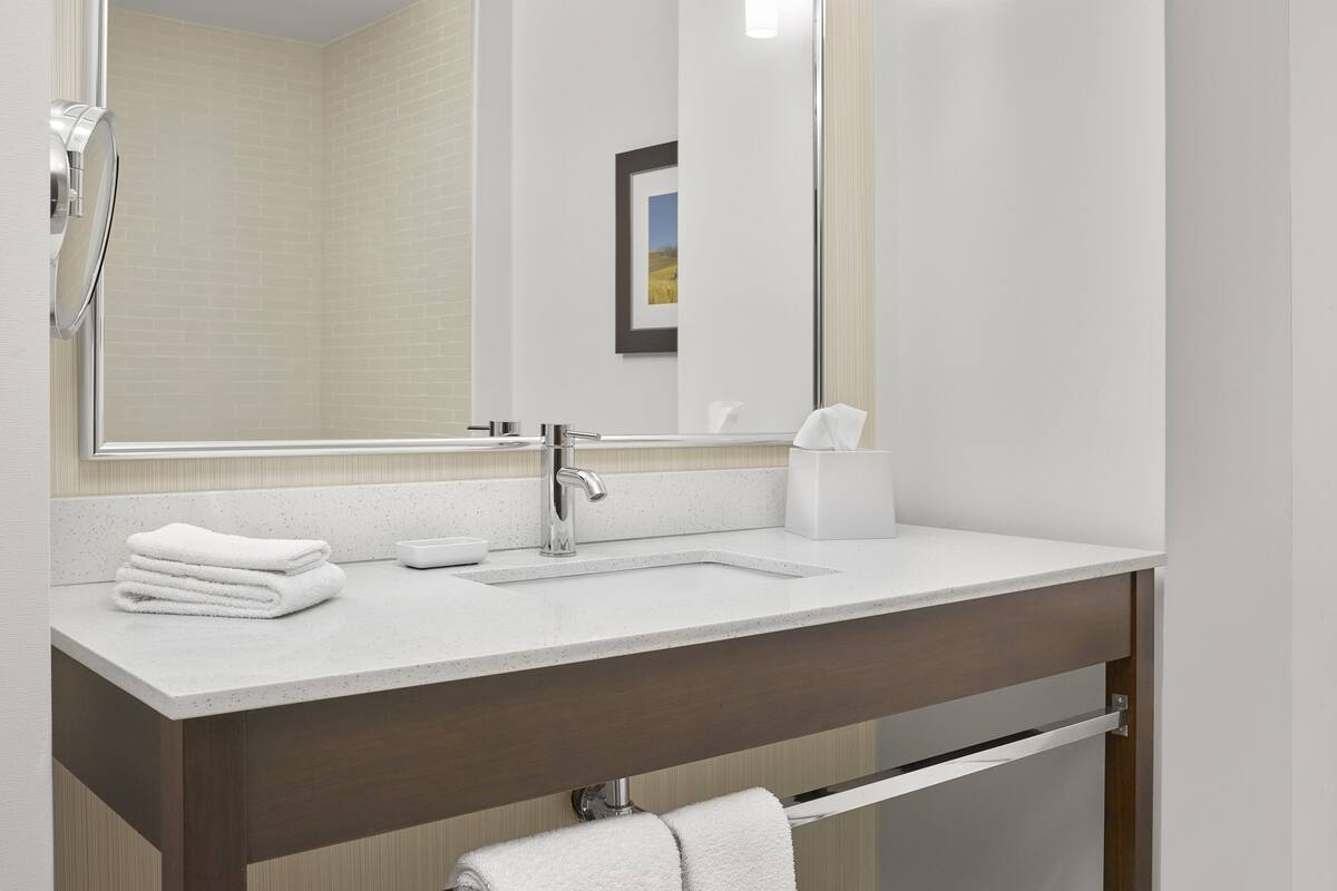 combined shower/bathtub, free toiletries, hair dryer, towels