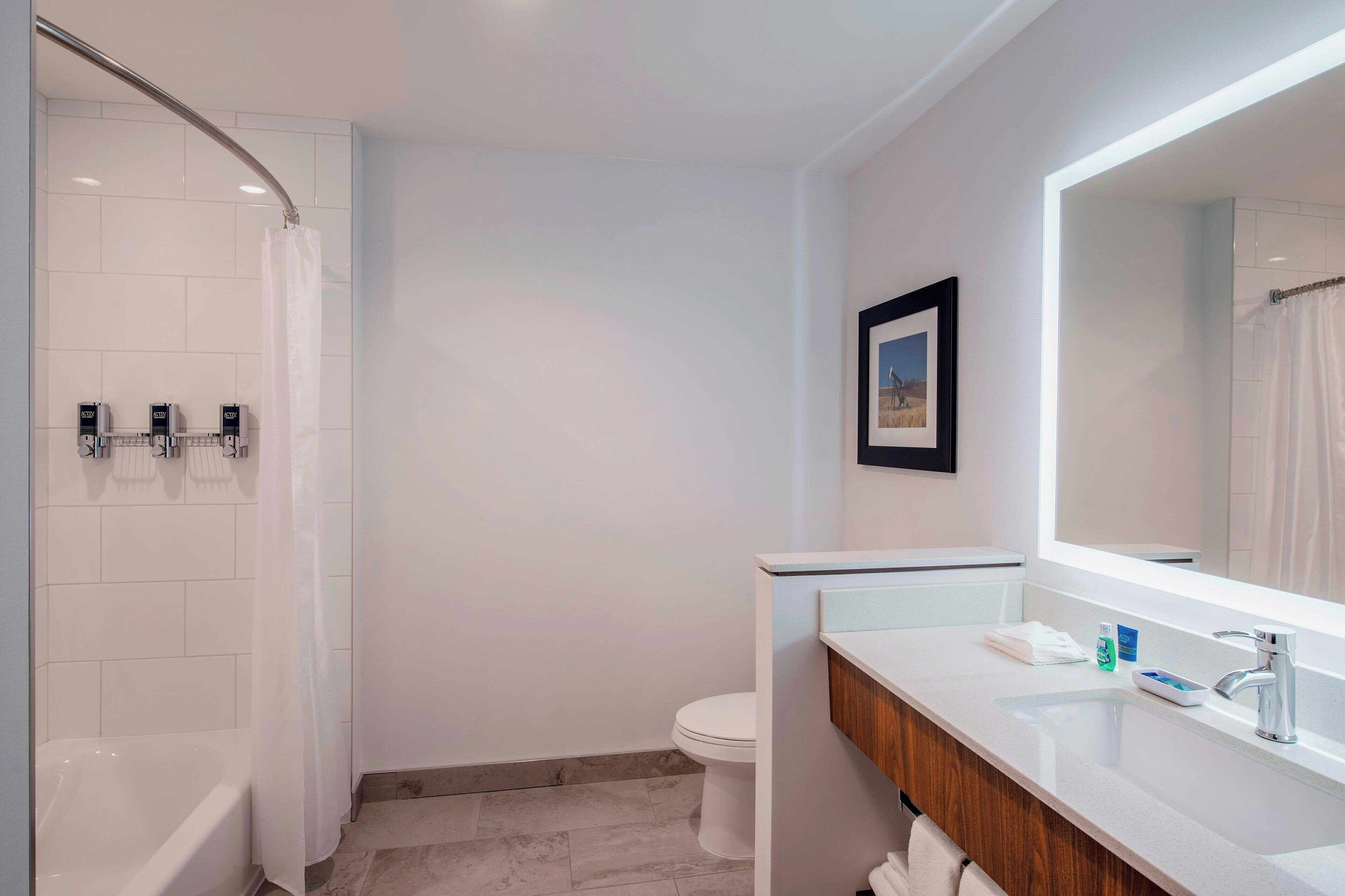 combined shower/bathtub, free toiletries, hair dryer, towels