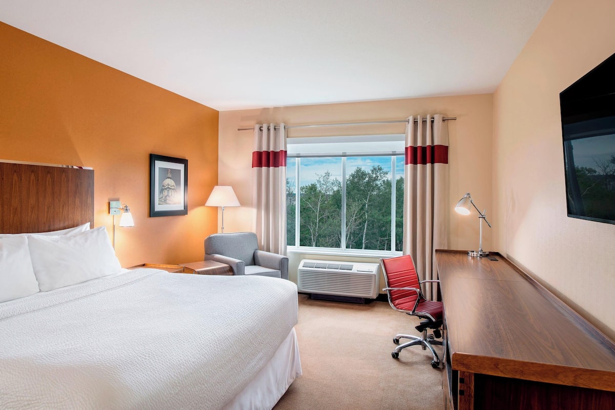 Ein Hotelzimmer mit einem großen Bett, einem Schreibtisch, einem Sessel, einer Lampe, einem Heizkörper und einem Fenster mit Vorhängen.