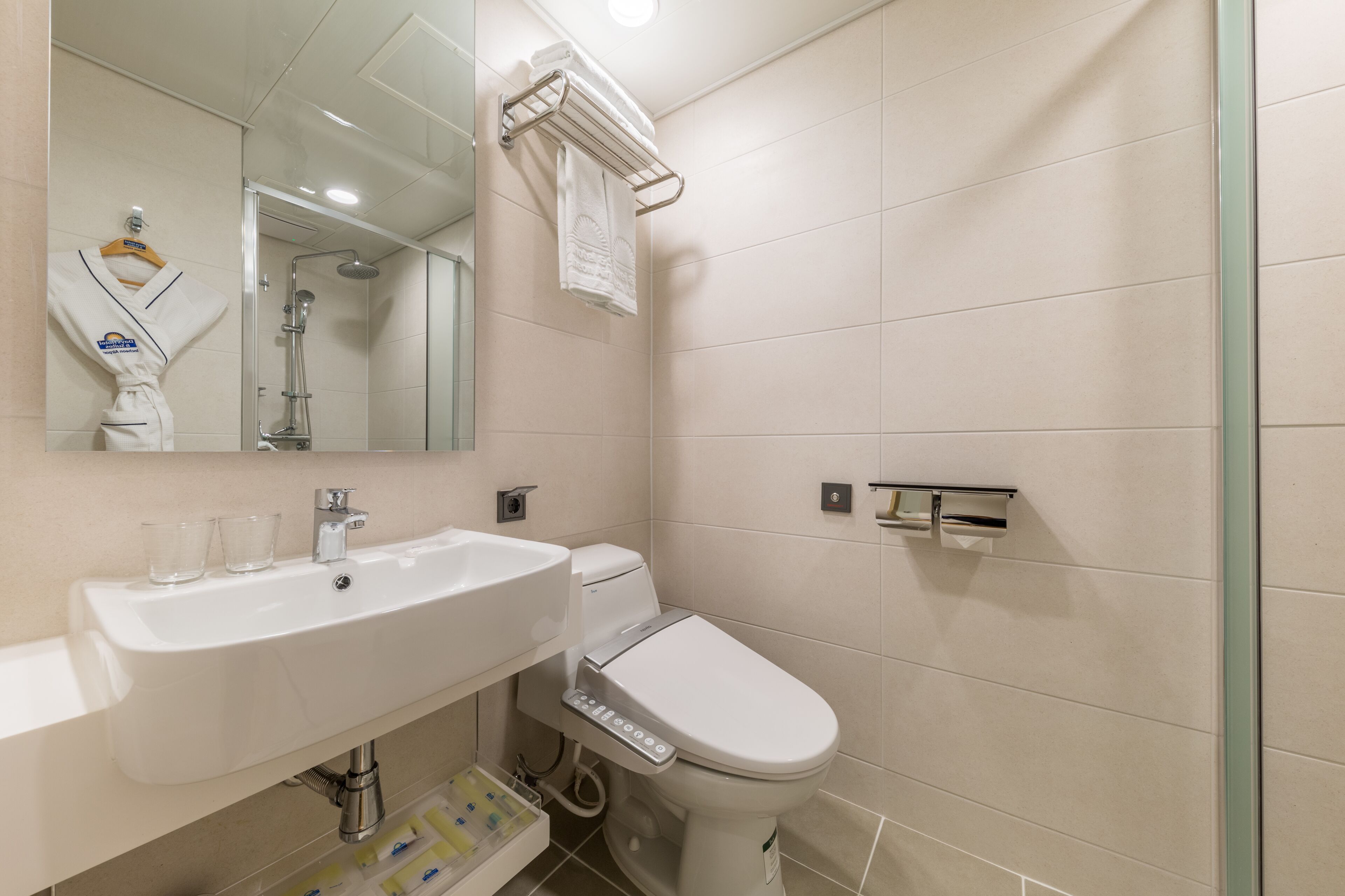 shower, rainfall showerhead, hair dryer, bathrobes