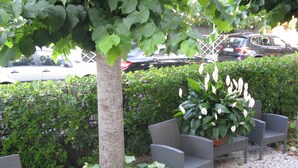 A seating area with wicker chairs and a potted plant, surrounded by greenery and a gravel path. - Hotel Luca (Camaiore)
