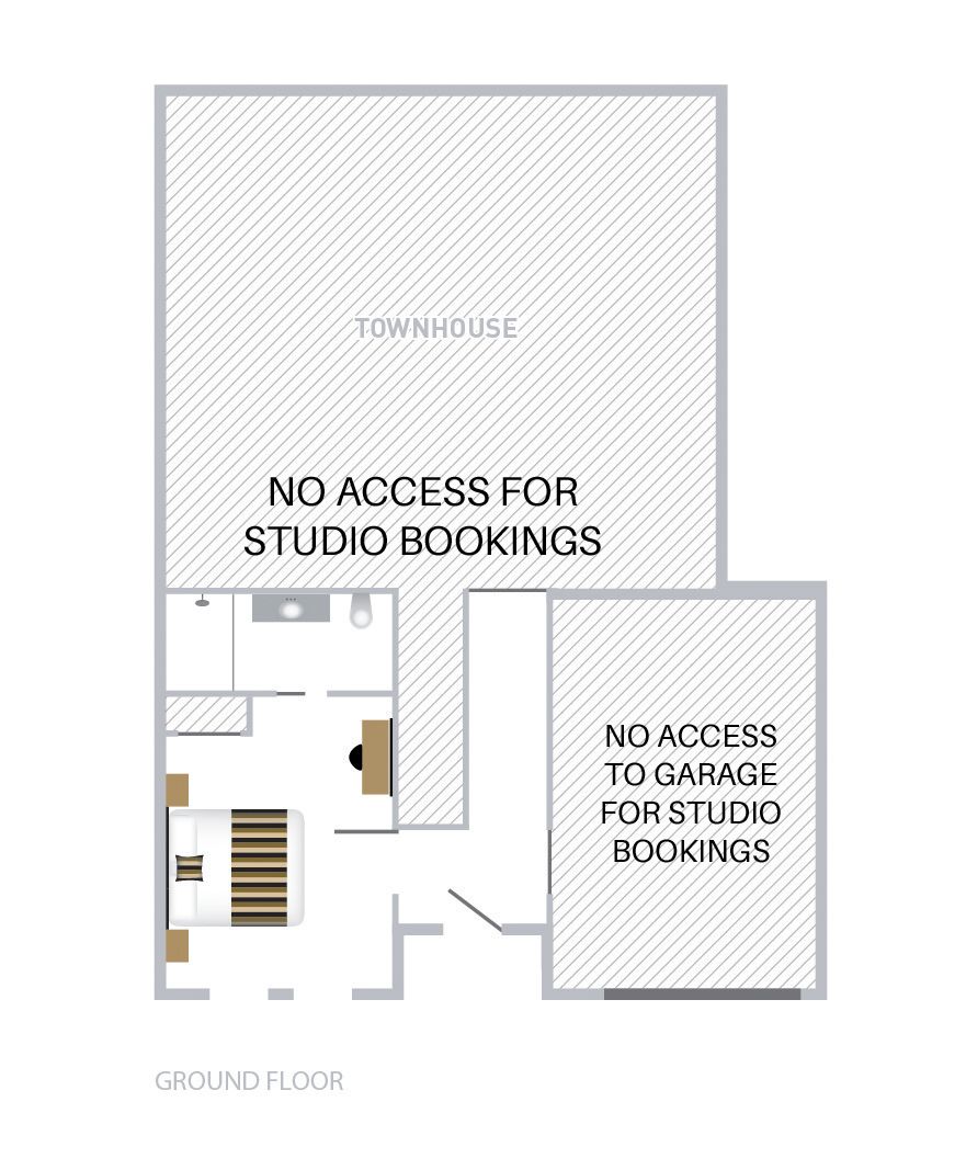 Un plan d’étage indiquant l’emplacement de l’espace réservé aux réservations de séances en studio, ainsi qu’une note précisant que l’accès au garage est interdit pour les réservations de séances en studio.