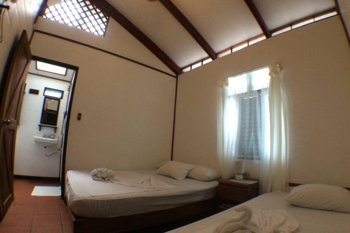 A bedroom with two beds, a window with curtains, a bedside table with a lamp, and a bathroom with a sink and mirror.