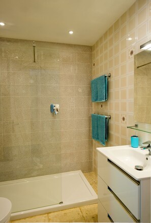Dusche, Haartrockner, Handtücher, Toilettenpapier