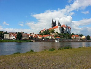 Eine historische Burg mit zwei markanten Türmen, auf einem Hügel mit Blick auf einen Fluss.