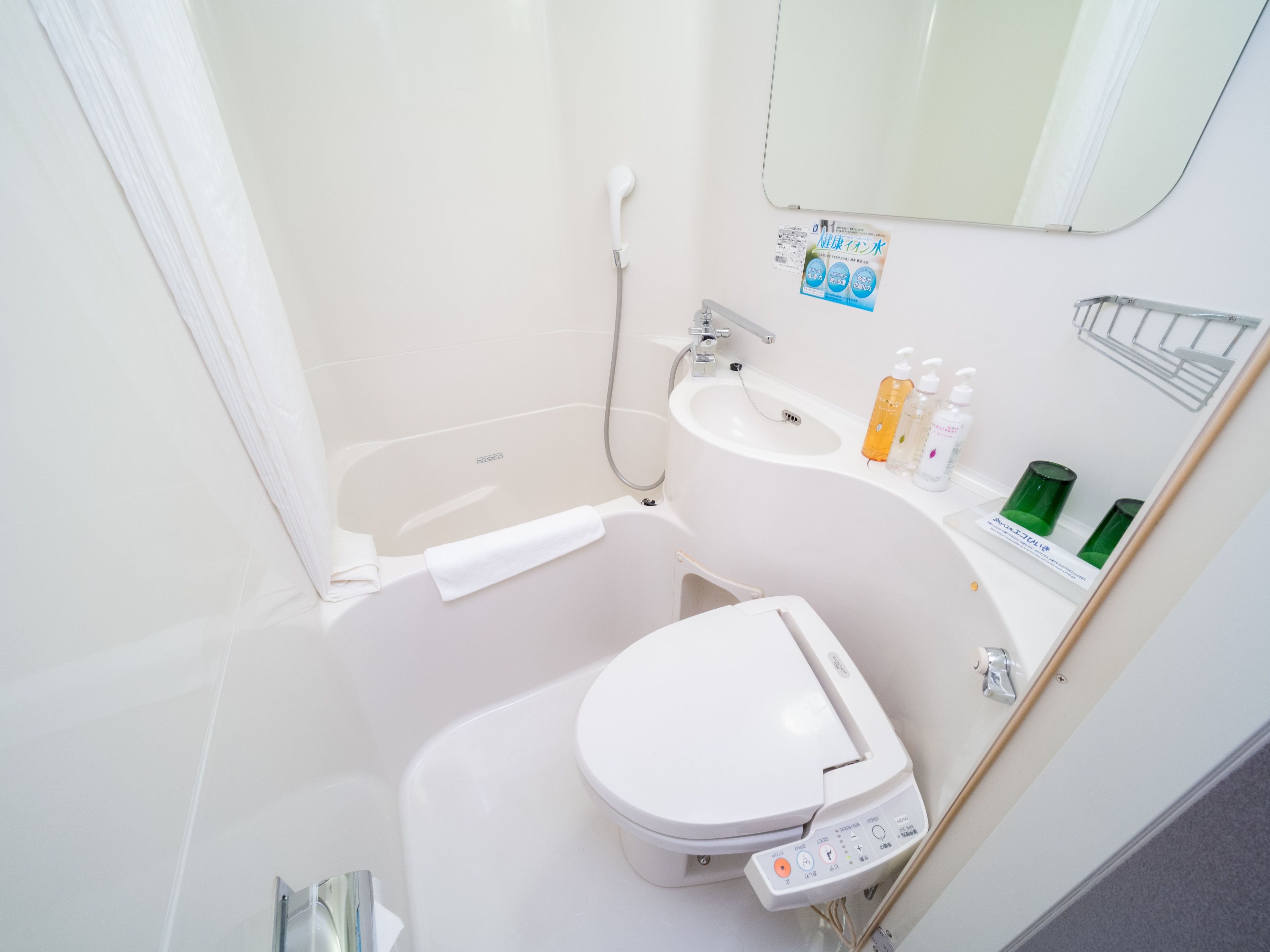 combined shower/bathtub, free toiletries, hair dryer, slippers