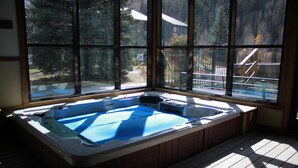 A hot tub in a room with large windows, wooden flooring, and a view of a fenced outdoor area. - Beautiful park like setting- Telluride Lodge Condo  (Telluride)