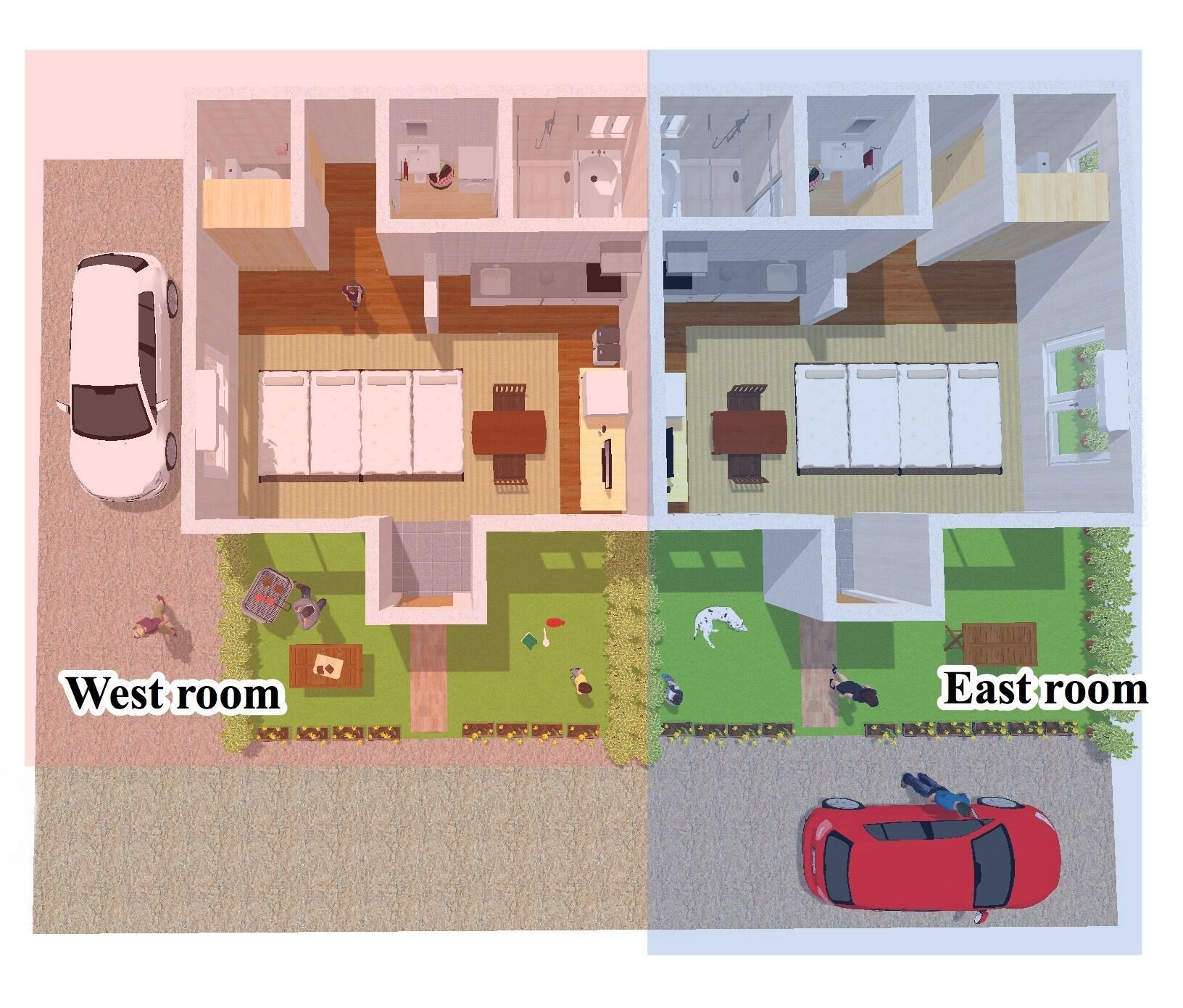 A two-story house with a garage, a backyard with a lawn and a dog, and a red car parked outside.
