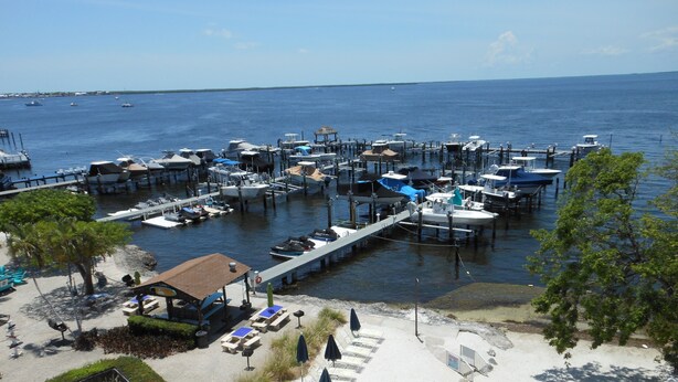 A marina with boats docked, a sandy area with lounge chairs, and a clear view of the water. - Another Day in Paradise           Best Waterfront and Poolside  Views. (Key Largo)