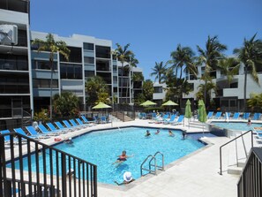 A pool area with blue lounge chairs, palm trees, and a multi-story building in the background.
