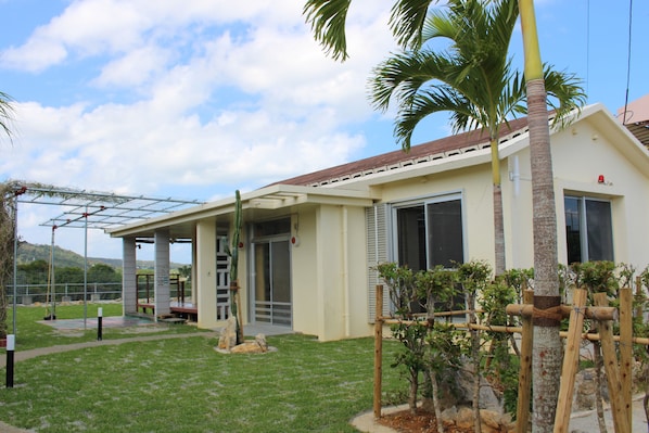 A modern house with a covered patio, a palm tree, and a small garden.