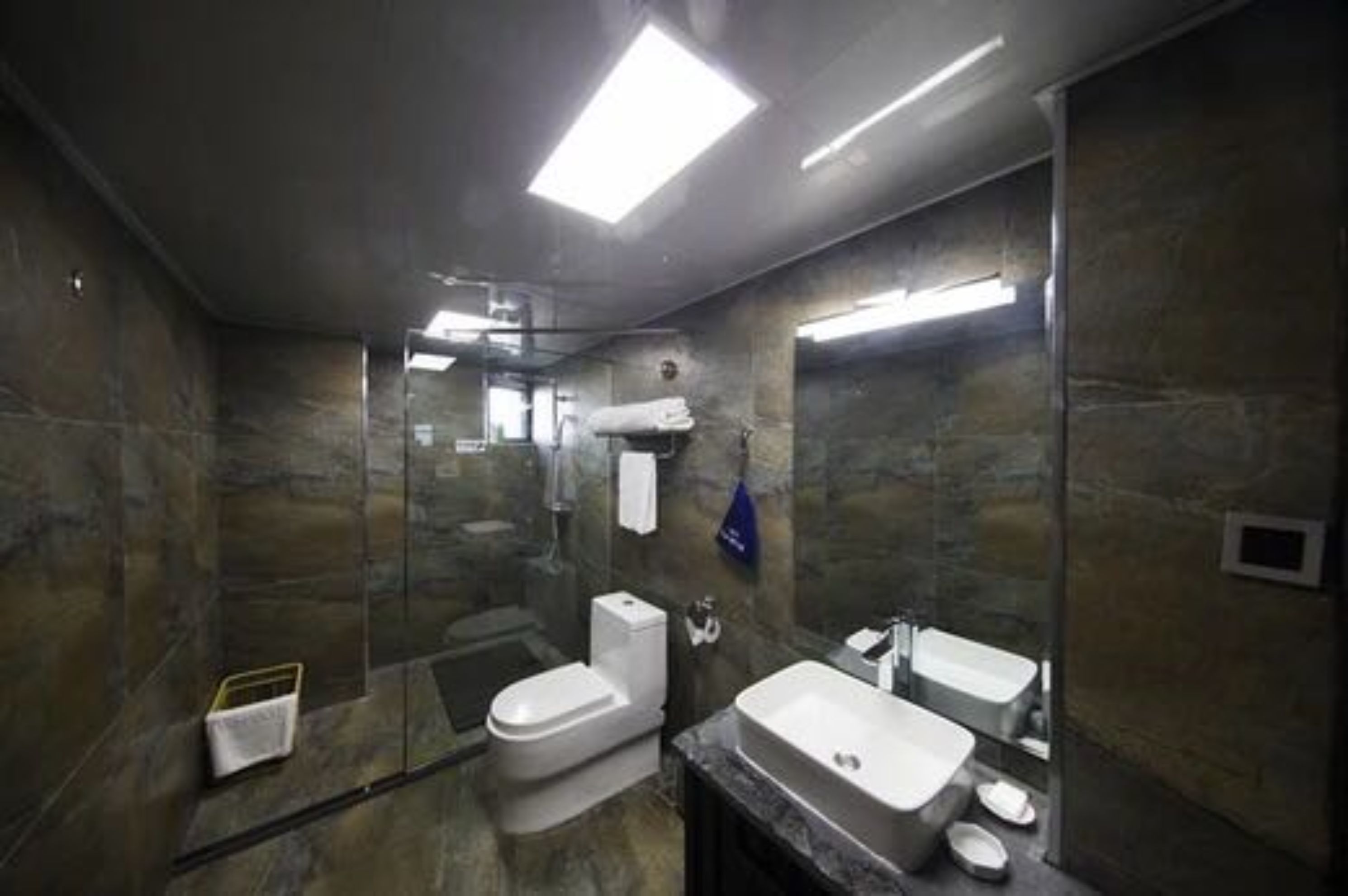Een moderne badkamer met een douchecabine van glas, een toilet, een wastafel en een grote spiegel.
