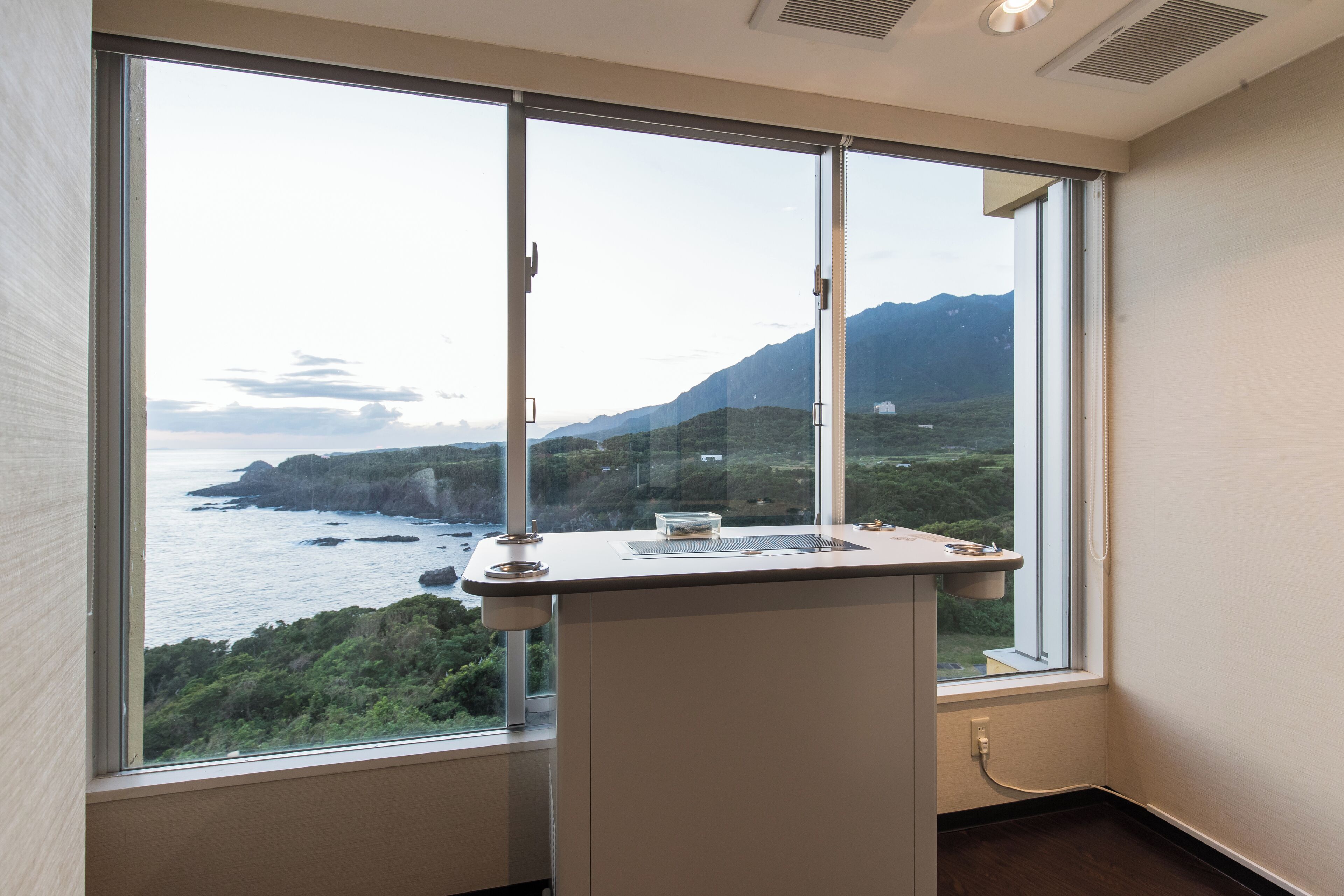 A room with a large window offering a view of the sea and mountains.