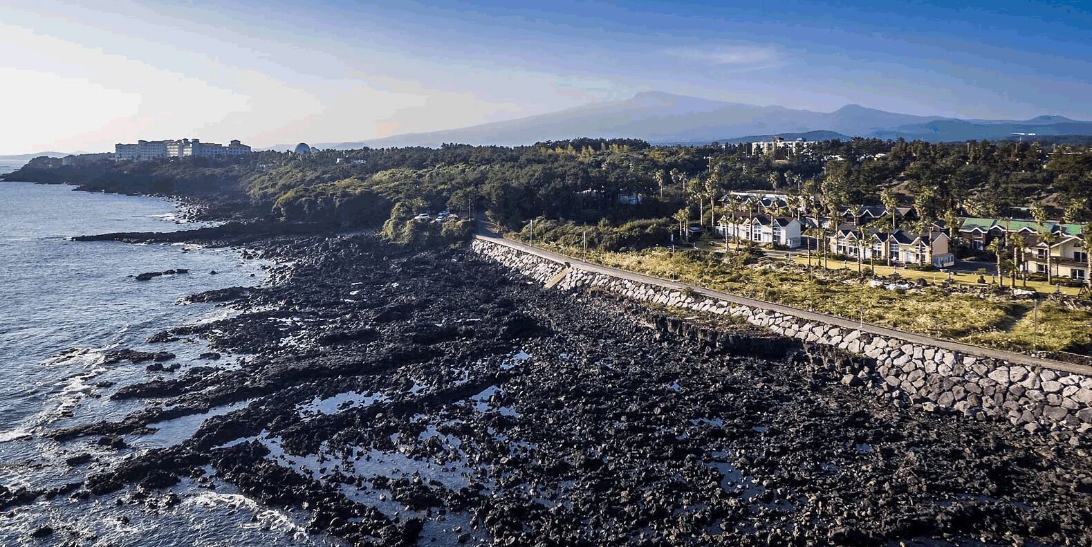 Une zone côtière caractérisée par une côte rocheuse, une promenade pavée et des immeubles résidentiels.
