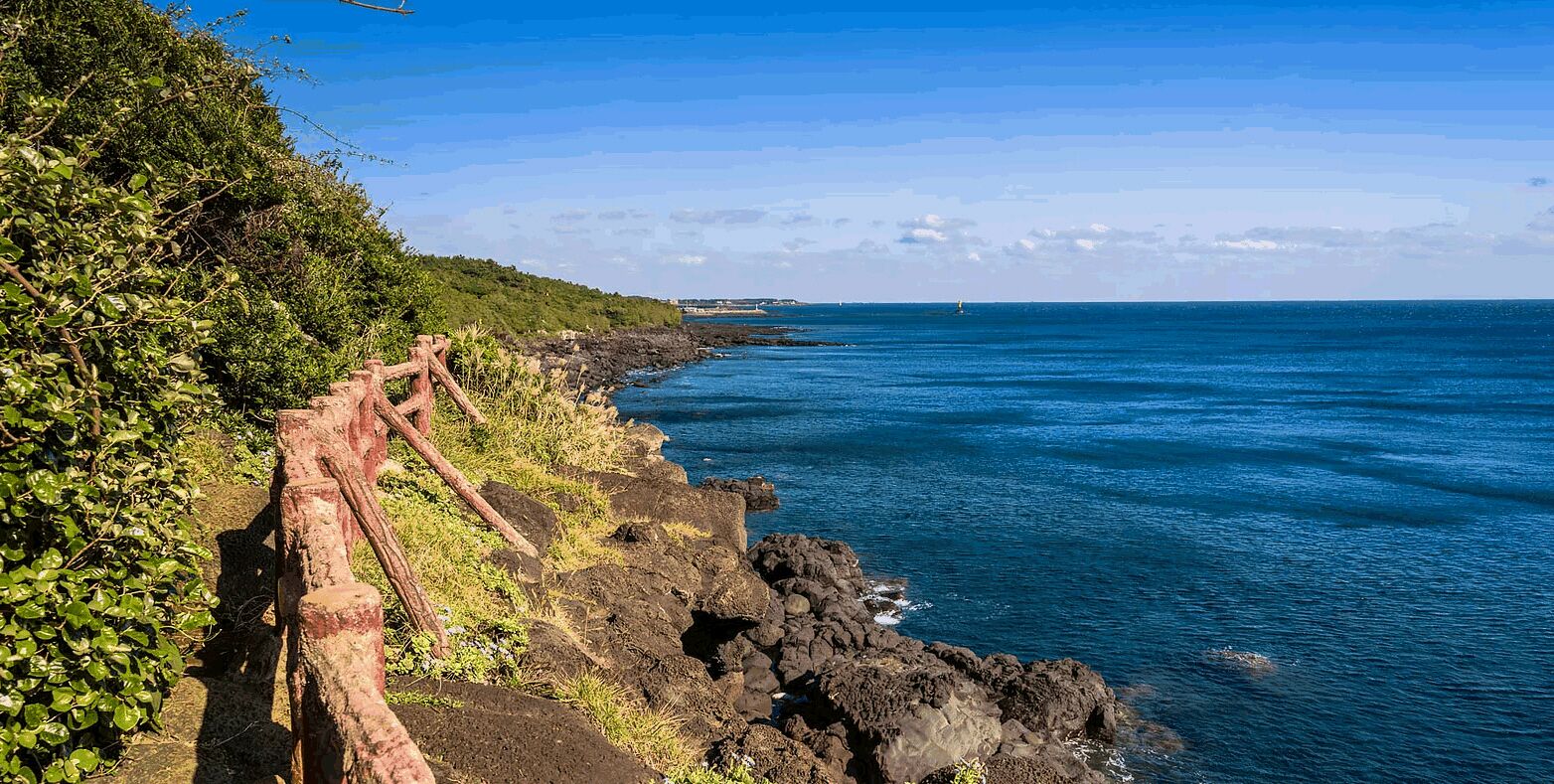 A coastal landscape with a rocky shoreline, a wooden fence, and a clear view of the ocean.