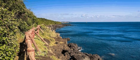 A coastal landscape with a rocky shoreline, a wooden fence, and a clear view of the ocean.