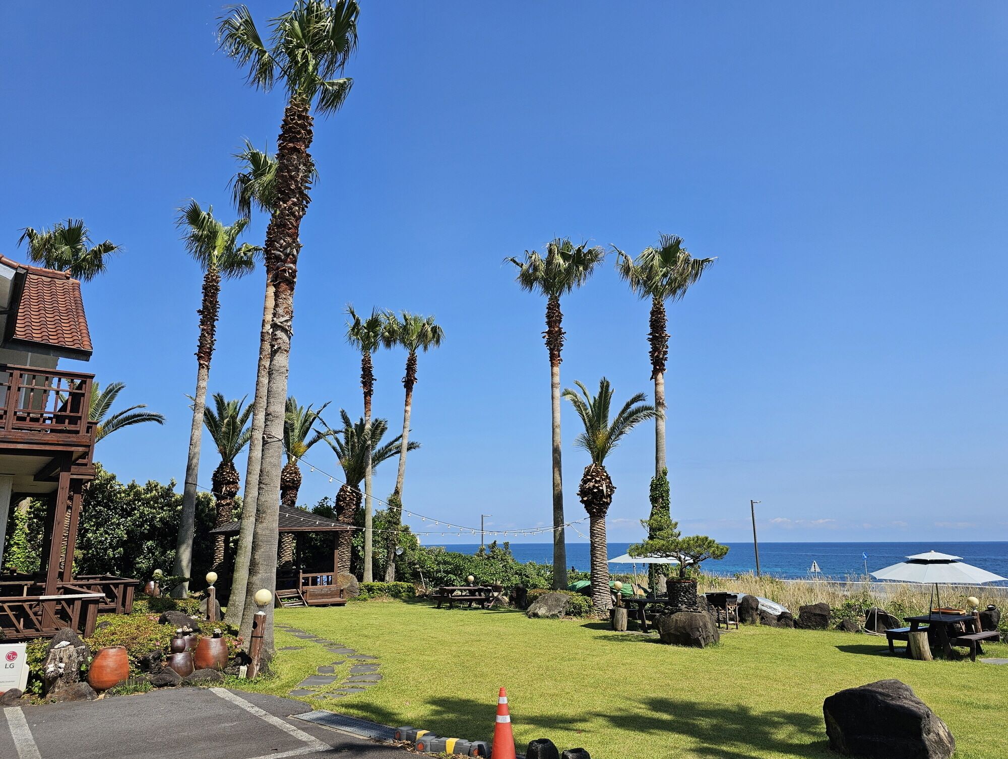 Een resort met palmbomen, een zwembad en uitzicht op de oceaan.