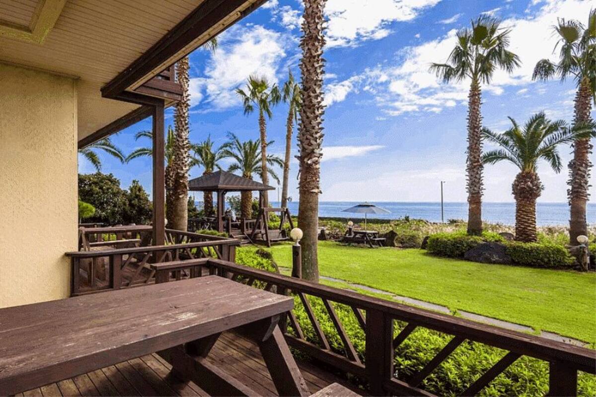 Une terrasse en bois avec une table et des bancs, donnant sur une pelouse bordée de palmiers et offrant une vue sur l’océan.