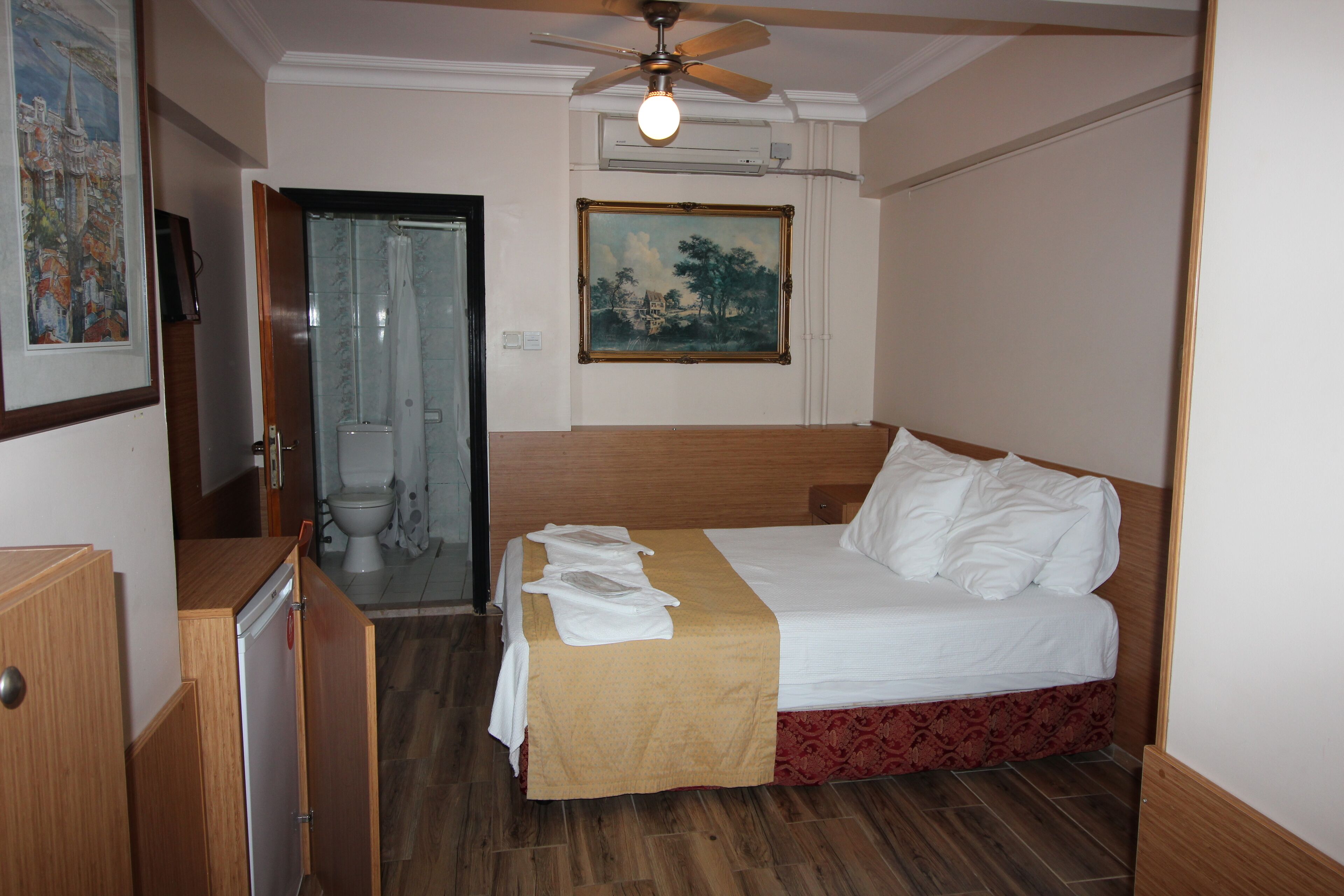 Une chambre d’hôtel avec un lit, une armoire en bois, un espace douche et un tableau au mur.
