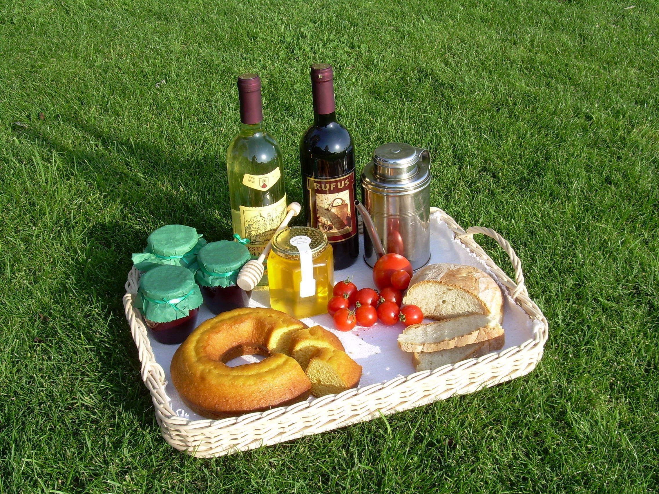 A picnic setup on grass with a basket containing bread, a pretzel, tomatoes, honey, and two bottles of wine.