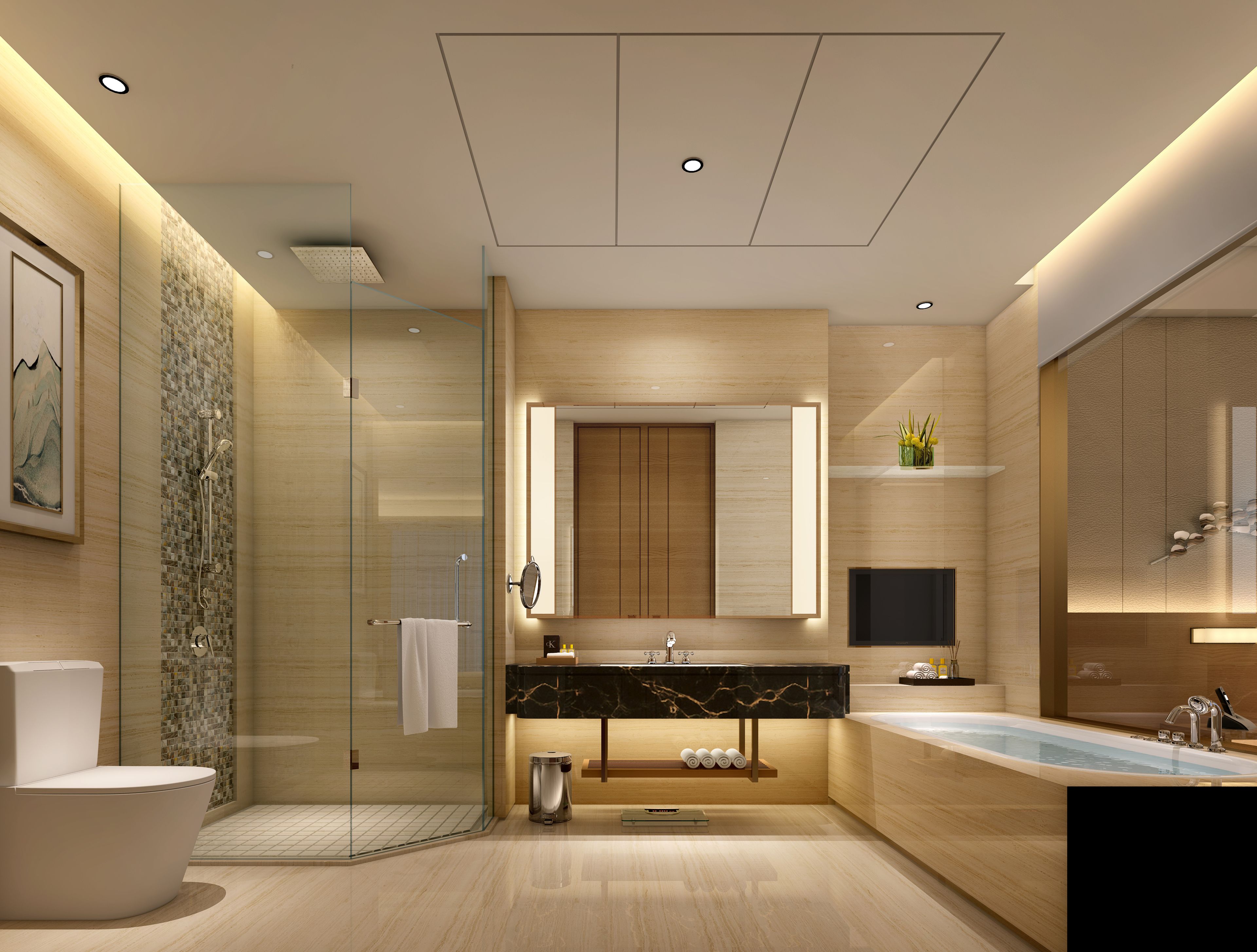 Separate bathtub and shower, free toiletries, hair dryer, bathrobes