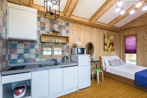A compact room with a kitchenette, a bed, and a window with a view.