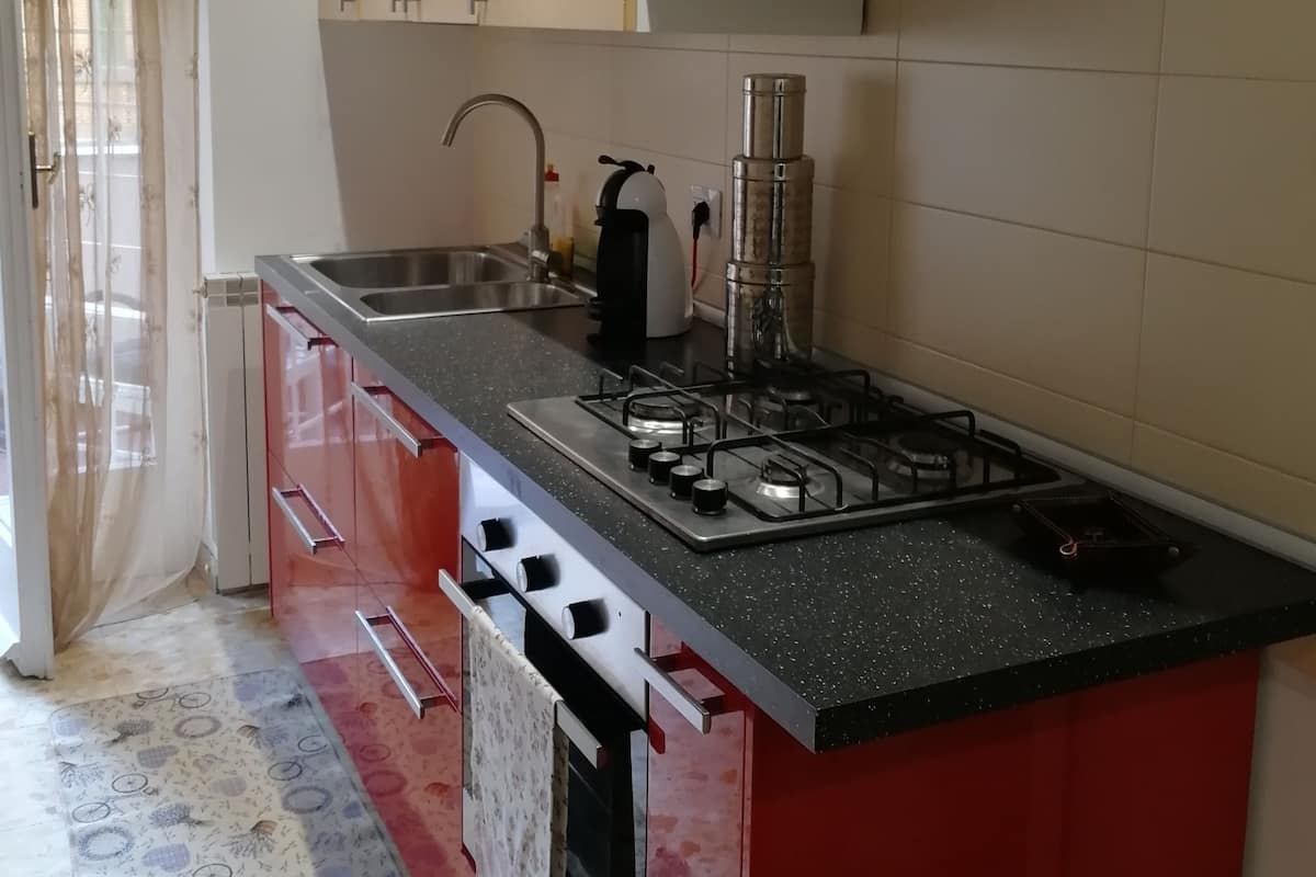 A compact kitchen with a gas stove, a sink, and a range hood. There is a red cabinet with a stainless steel range hood above it.
