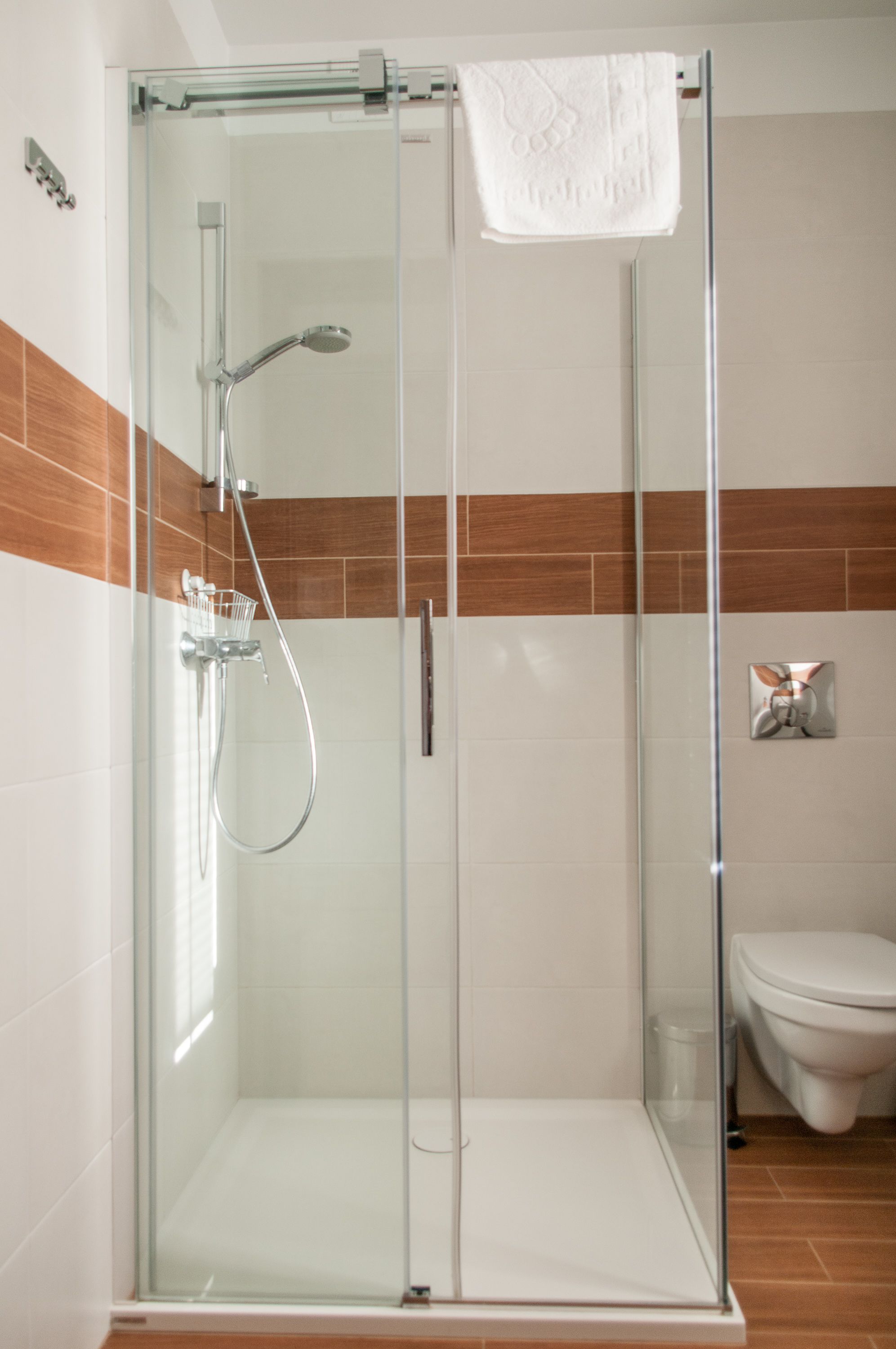 A glass-enclosed shower stall with a white towel hanging on the door, a handheld showerhead, and a wall-mounted towel rack.