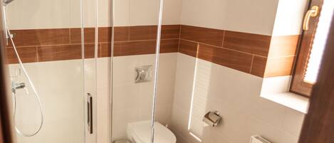 A bathroom with a glass shower enclosure, a toilet, and a sink.