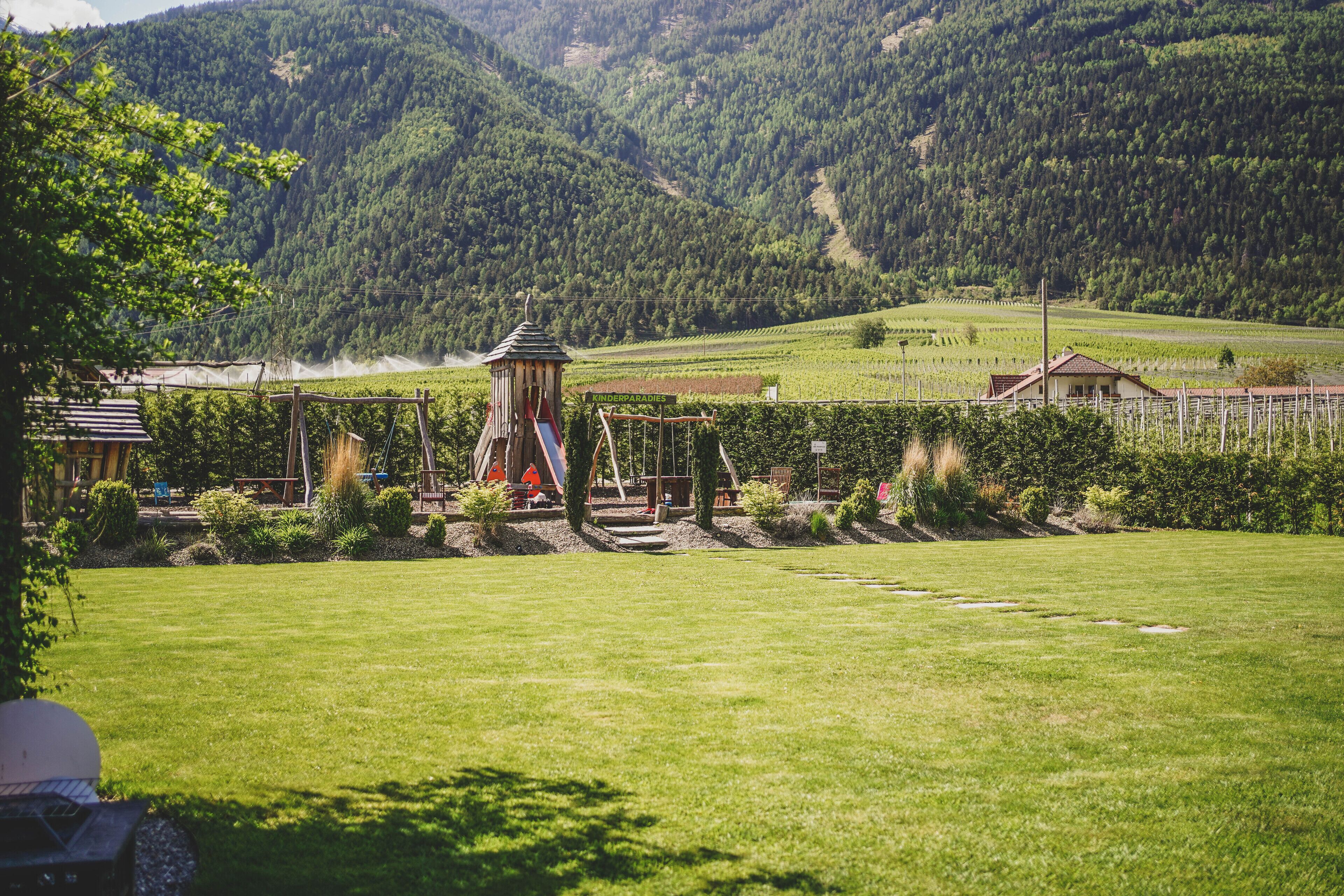 A rural landscape with a playground, a small building, and a vineyard.