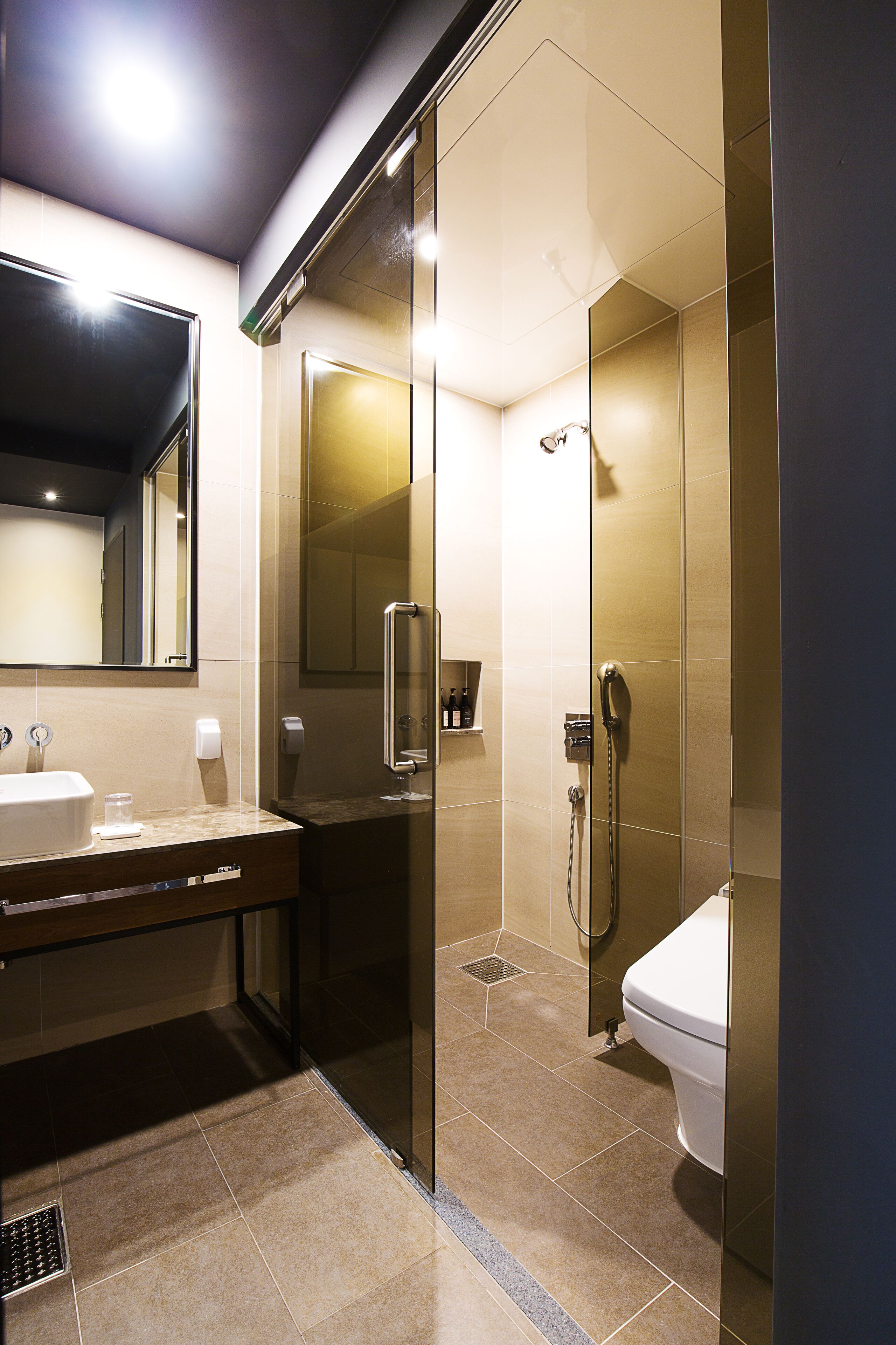 A modern bathroom with a glass-enclosed shower, a sink, and a toilet.