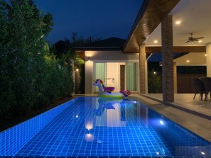 Front of property – evening/night - Private Villa with Pool near Laguna (Choeng Thale)