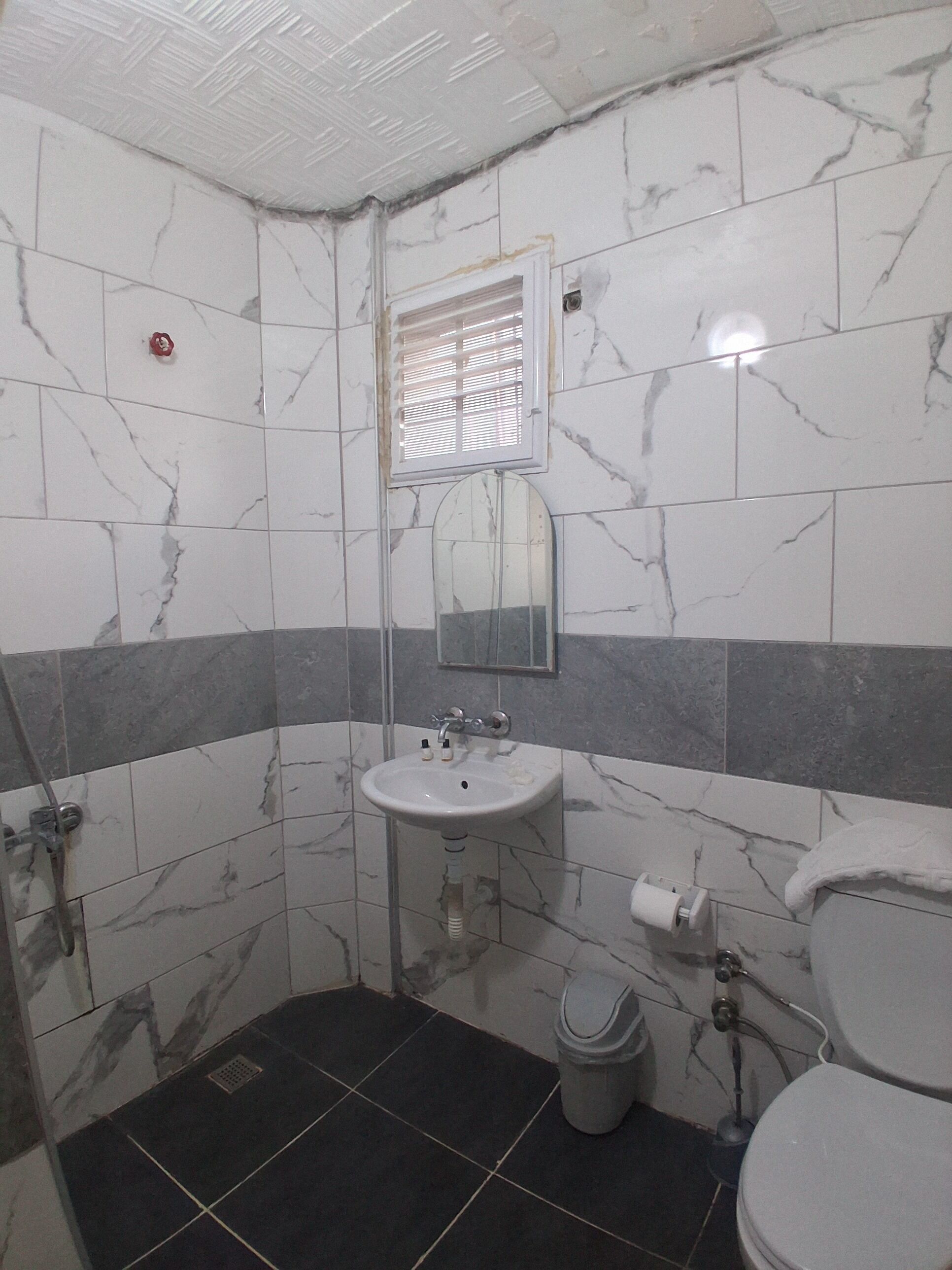 Un bagno con lavandino, specchio, WC, doccia e una finestra con persiane.
