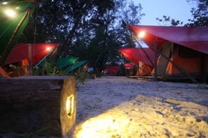 A row of tents with a sandy ground, surrounded by trees.