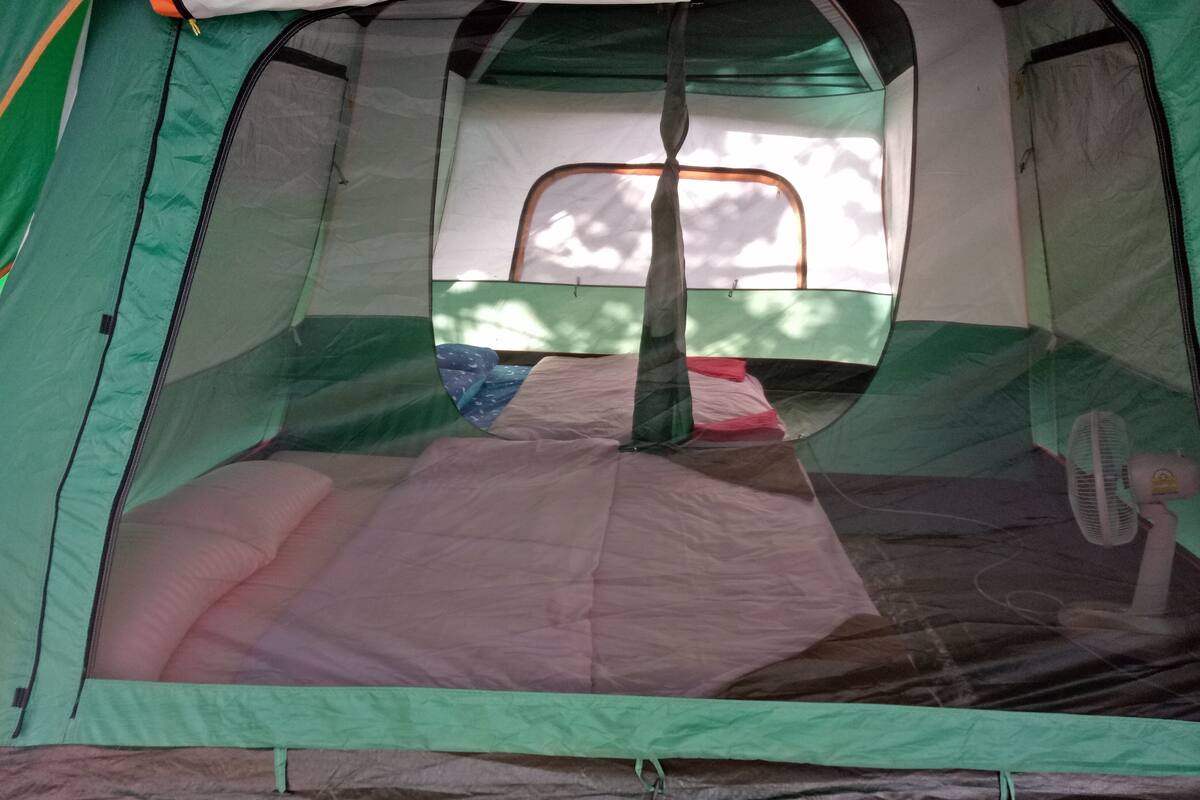 A tent with a sleeping area, including a bed and a fan.