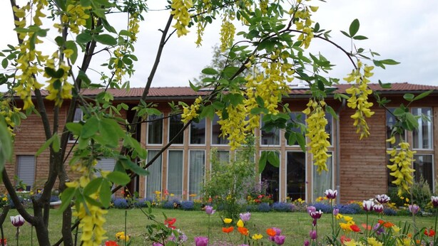 Un edificio con grandes ventanales y un jardín con diversas flores.
